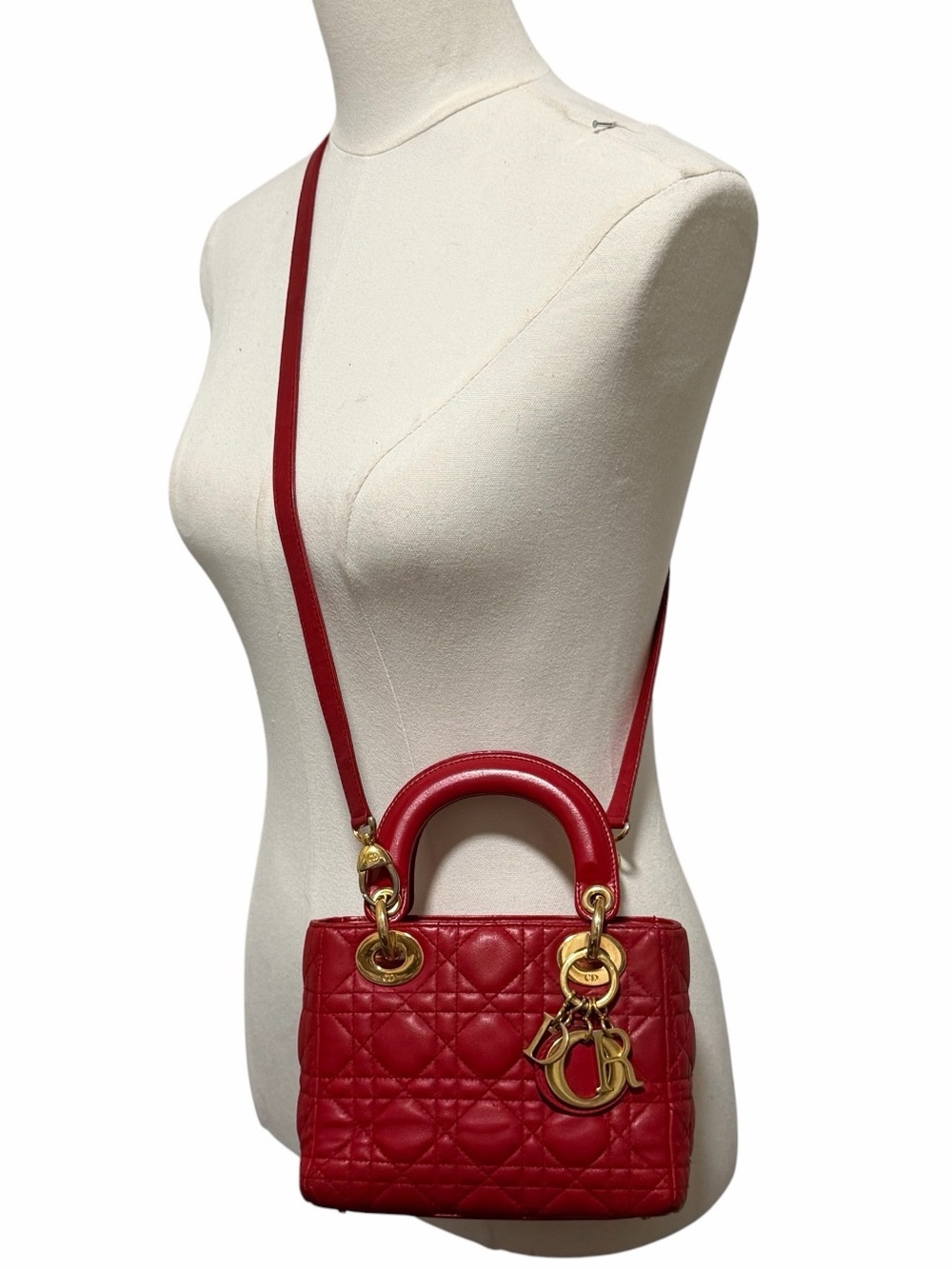 Christian Dior Lady Dior Mini Cannage Lambskin Bag Red Gold Hardware w/ Strap - Picture 3 of 13
